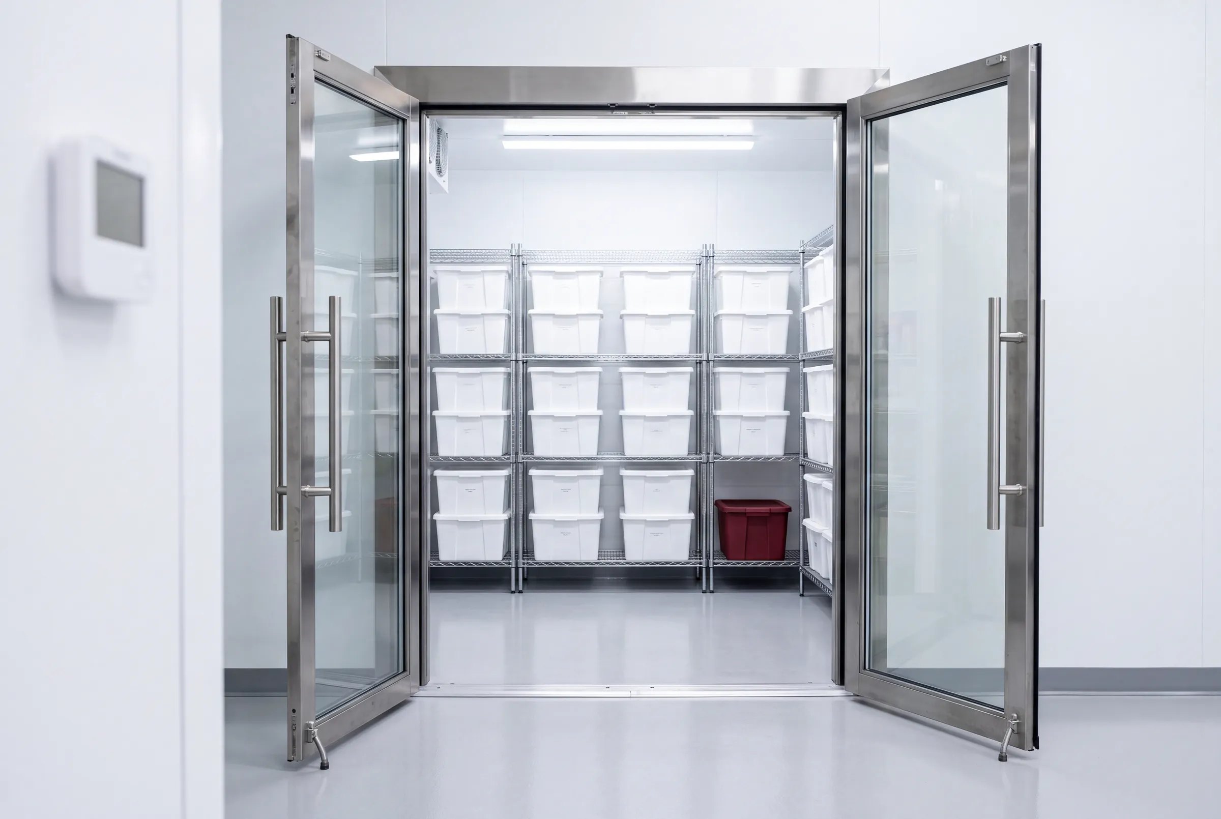 An open cold room door with insulated shippers on wire shelving and a red tote on the floor