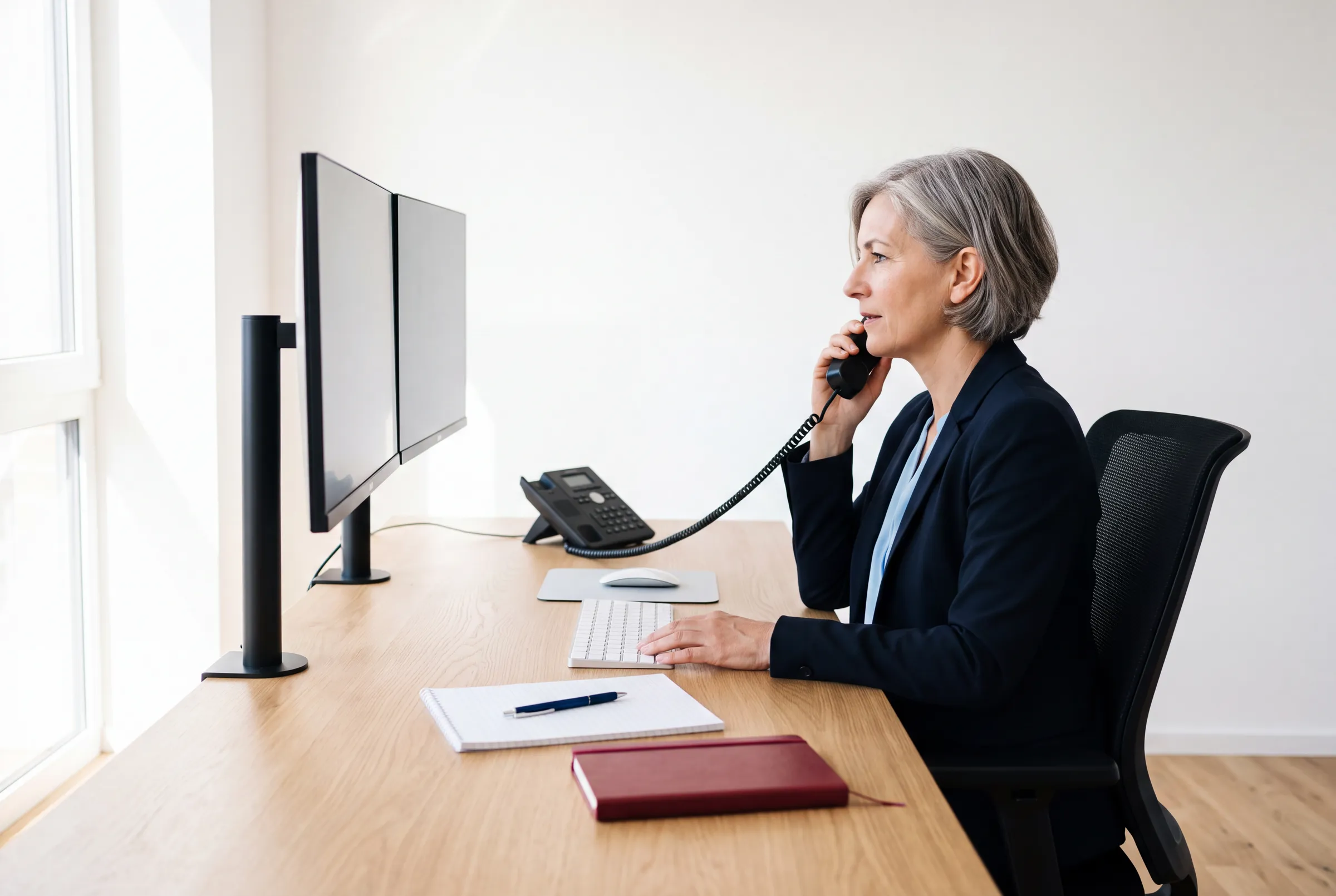 A woman at an office desk on a corded telephone, two monitors beside her