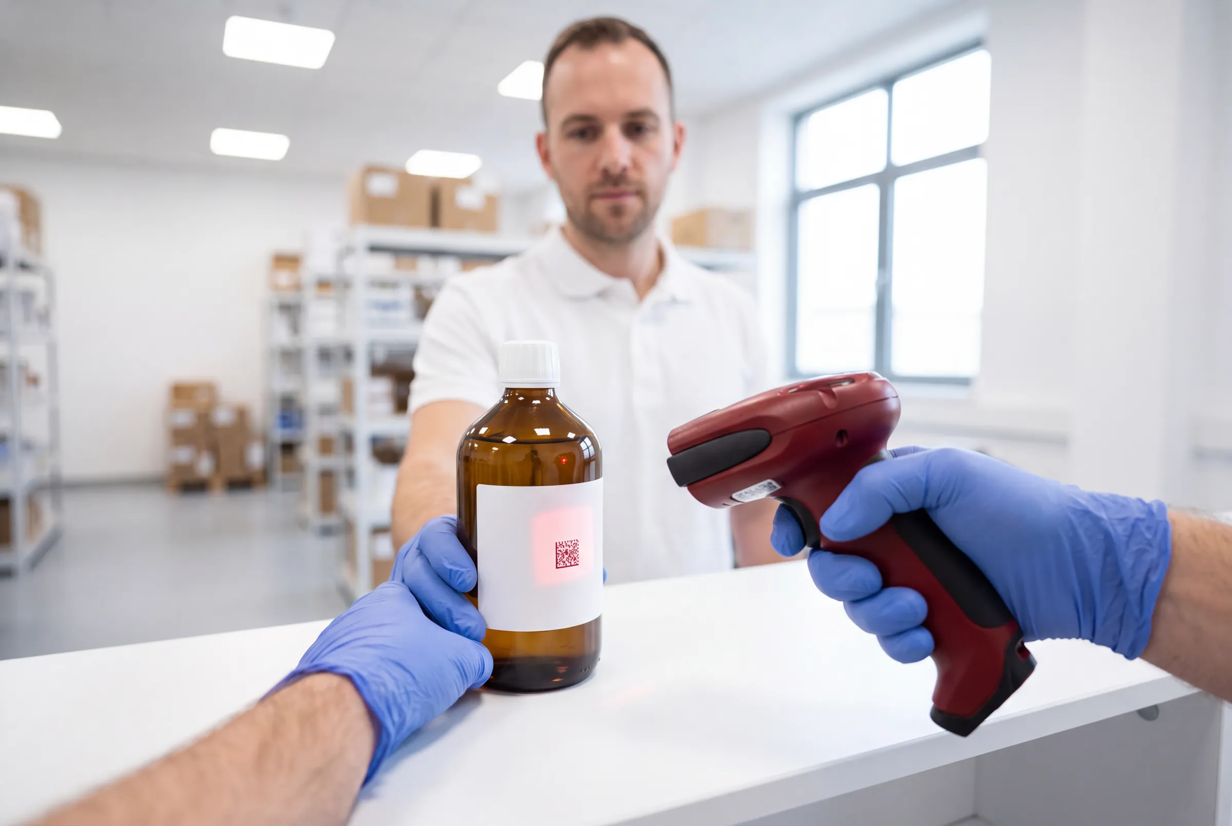 Gloved hands scanning the code on an amber stock bottle at a receiving bench, a man in a white polo behind it